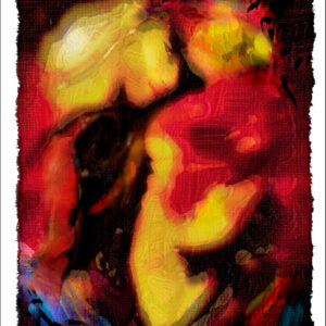 ertical abstract mixed-media artwork in ink, watercolor, and pastel, surrounded by an irregular dark border on white. Saturated red, yellow, orange, and black forms overlap across the composition, with smaller areas of vivid blue near the upper-right and lower edges. Pale yellow shapes suggest fragments of faces, eyes, or human forms emerging from the darker colors, but remain deliberately ambiguous. The layered pigments create a textured, dreamlike appearance.