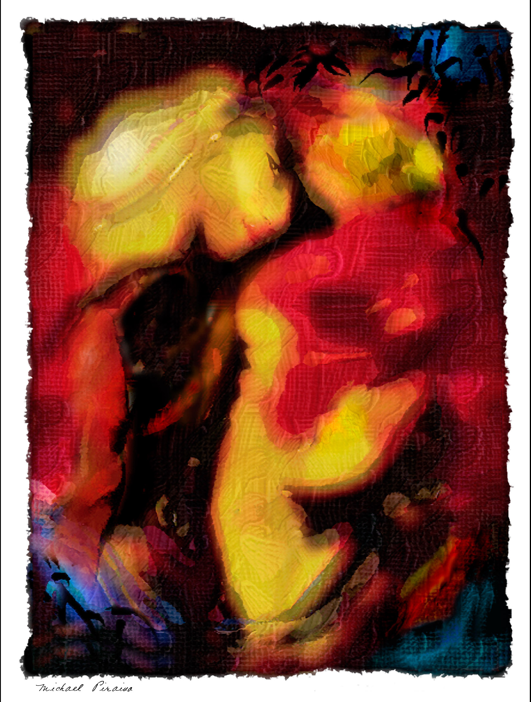 ertical abstract mixed-media artwork in ink, watercolor, and pastel, surrounded by an irregular dark border on white. Saturated red, yellow, orange, and black forms overlap across the composition, with smaller areas of vivid blue near the upper-right and lower edges. Pale yellow shapes suggest fragments of faces, eyes, or human forms emerging from the darker colors, but remain deliberately ambiguous. The layered pigments create a textured, dreamlike appearance.